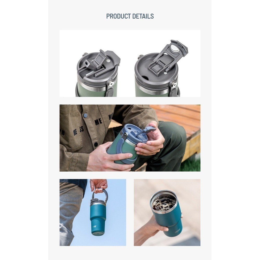 TYESO 泰碩提手吸管保溫杯 雙飲式杯蓋冰霸杯 防漏帶手提保溫杯 保溫保冷咖啡杯 大容量吸管直飲保溫杯-細節圖7