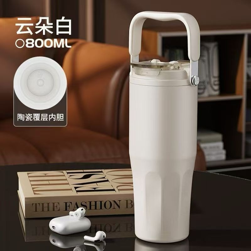 新款 陶瓷塗層內膽一杯三飲保溫杯800ml 手提吸管陶瓷冰霸杯 車載吸管咖啡杯 戶外運動不鏽鋼運動水壺 大容量隨行咖啡杯-規格圖11