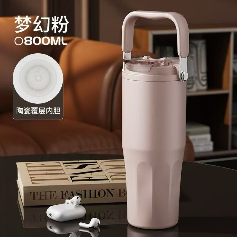 新款 陶瓷塗層內膽一杯三飲保溫杯800ml 手提吸管陶瓷冰霸杯 車載吸管咖啡杯 戶外運動不鏽鋼運動水壺 大容量隨行咖啡杯-規格圖11