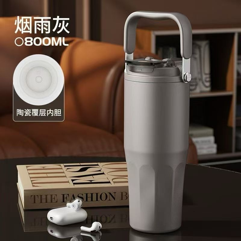 新款 陶瓷塗層內膽一杯三飲保溫杯800ml 手提吸管陶瓷冰霸杯 車載吸管咖啡杯 戶外運動不鏽鋼運動水壺 大容量隨行咖啡杯-規格圖11