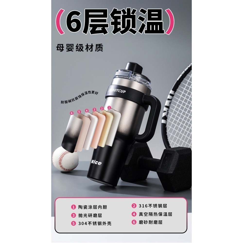 新款 一鍵彈蓋保溫杯1200ml大容量冰霸杯 316不鏽鋼/陶瓷涂層內膽 帶握把保溫杯 手把保溫大象杯 環保咖啡杯-細節圖6