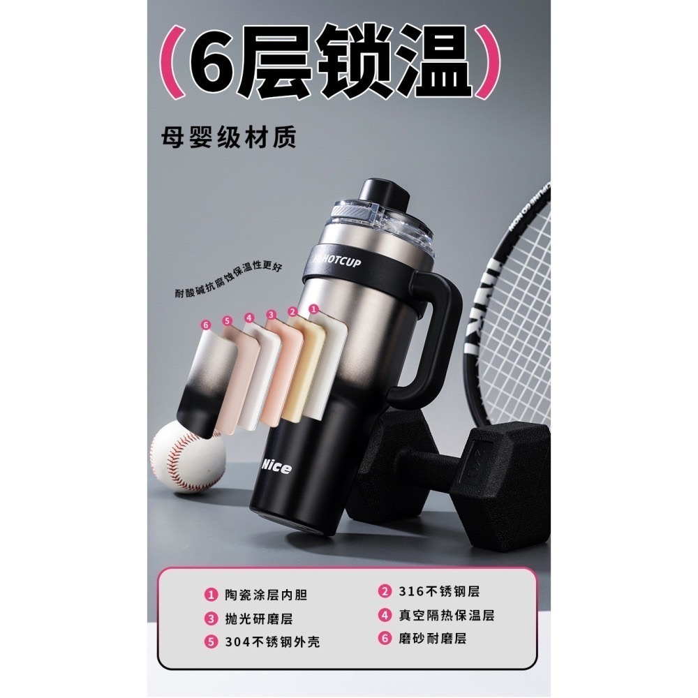 新款 一鍵彈蓋保溫杯1200ml大容量冰霸杯 316不鏽鋼/陶瓷涂層內膽 帶握把保溫杯 手把保溫大象杯 環保咖啡杯-細節圖6
