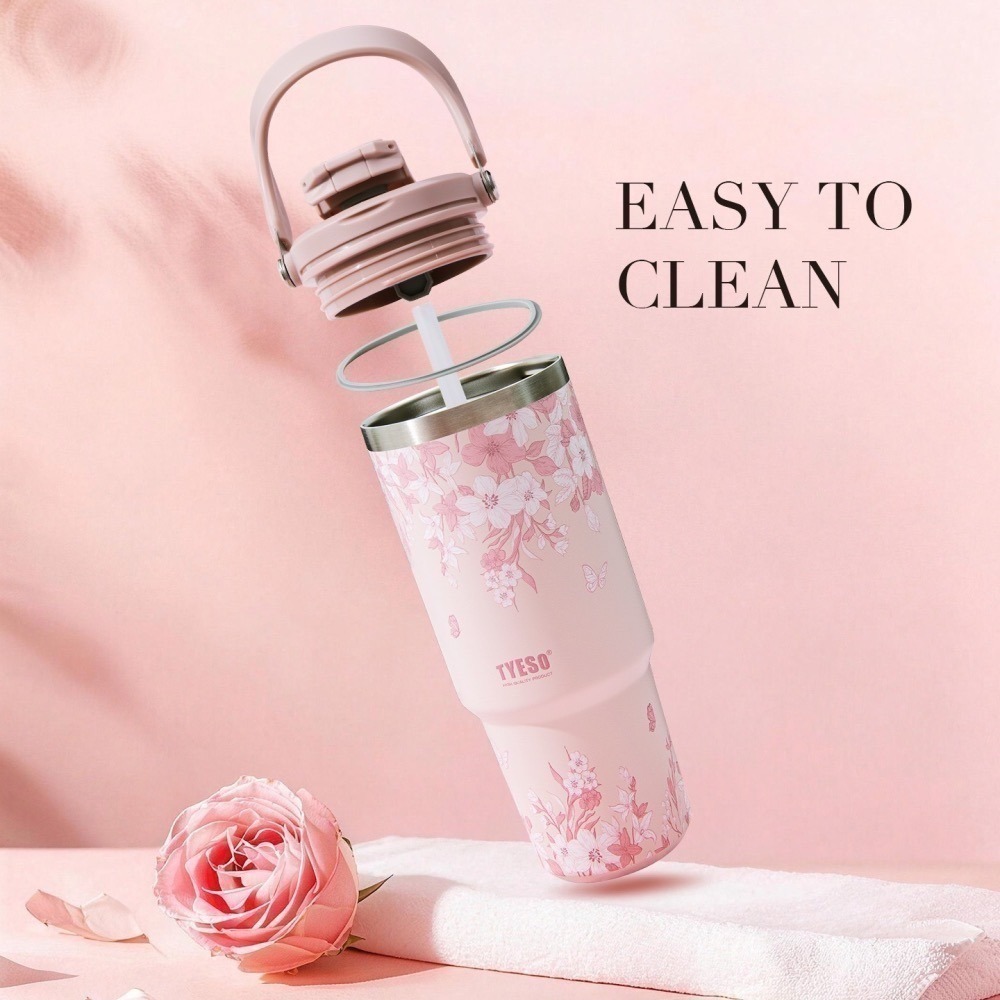 【限時購】 TYESO花卉系列雙飲手提冰霸杯 900ml提手吸管保溫杯 雙飲冰霸杯 防漏環保咖啡杯 保溫保冷隨行車載杯-細節圖2