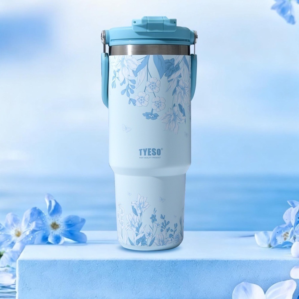 【限時購】 TYESO花卉系列雙飲手提冰霸杯 900ml提手吸管保溫杯 雙飲冰霸杯 防漏環保咖啡杯 保溫保冷隨行車載杯-細節圖6