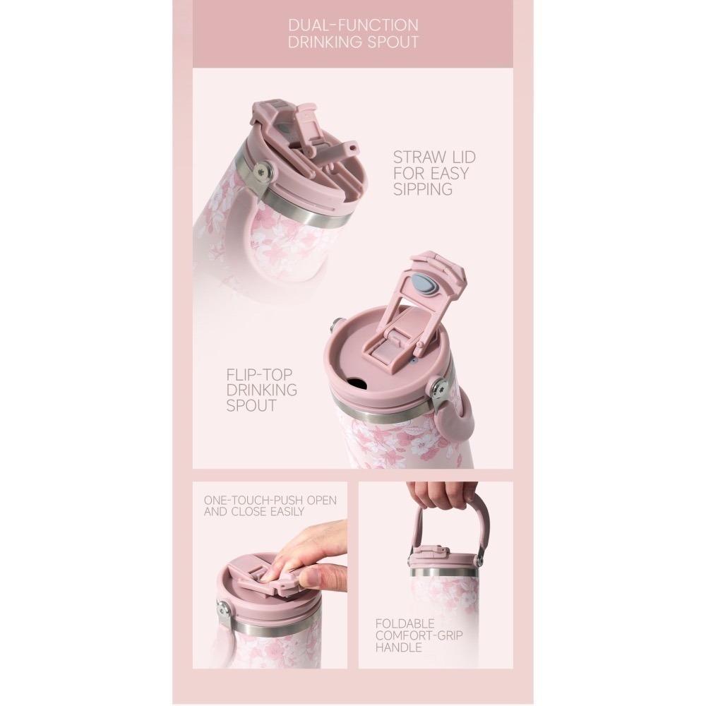 【限時購】 TYESO花卉系列雙飲手提冰霸杯 900ml提手吸管保溫杯 雙飲冰霸杯 防漏環保咖啡杯 保溫保冷隨行車載杯-細節圖9