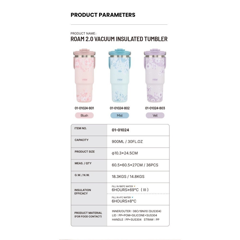 【限時購】 TYESO花卉系列雙飲手提冰霸杯 900ml提手吸管保溫杯 雙飲冰霸杯 防漏環保咖啡杯 保溫保冷隨行車載杯-細節圖10