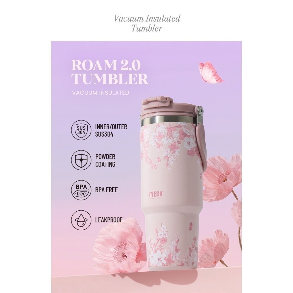 【限時購】 TYESO花卉系列雙飲手提冰霸杯 900ml提手吸管保溫杯 雙飲冰霸杯 防漏環保咖啡杯 保溫保冷隨行車載杯-細節圖8