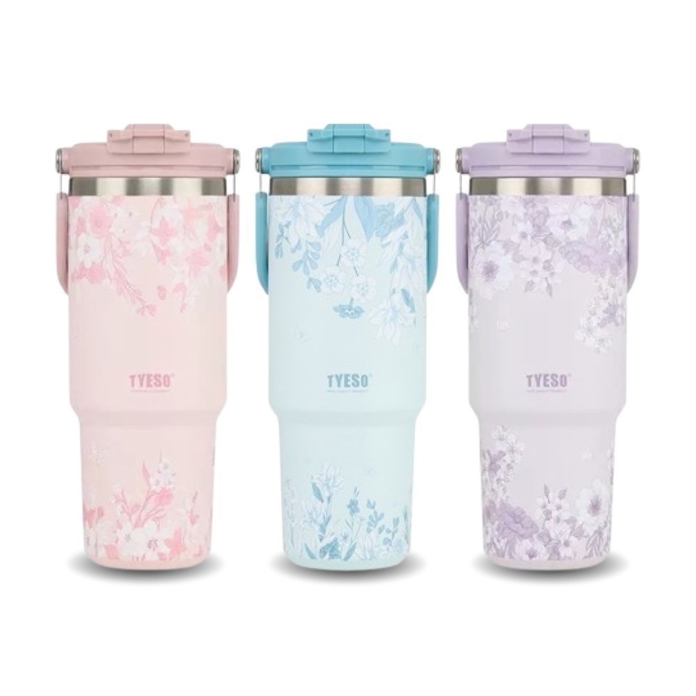 【限時購】 TYESO花卉系列雙飲手提冰霸杯 900ml提手吸管保溫杯 雙飲冰霸杯 防漏環保咖啡杯 保溫保冷隨行車載杯-細節圖10