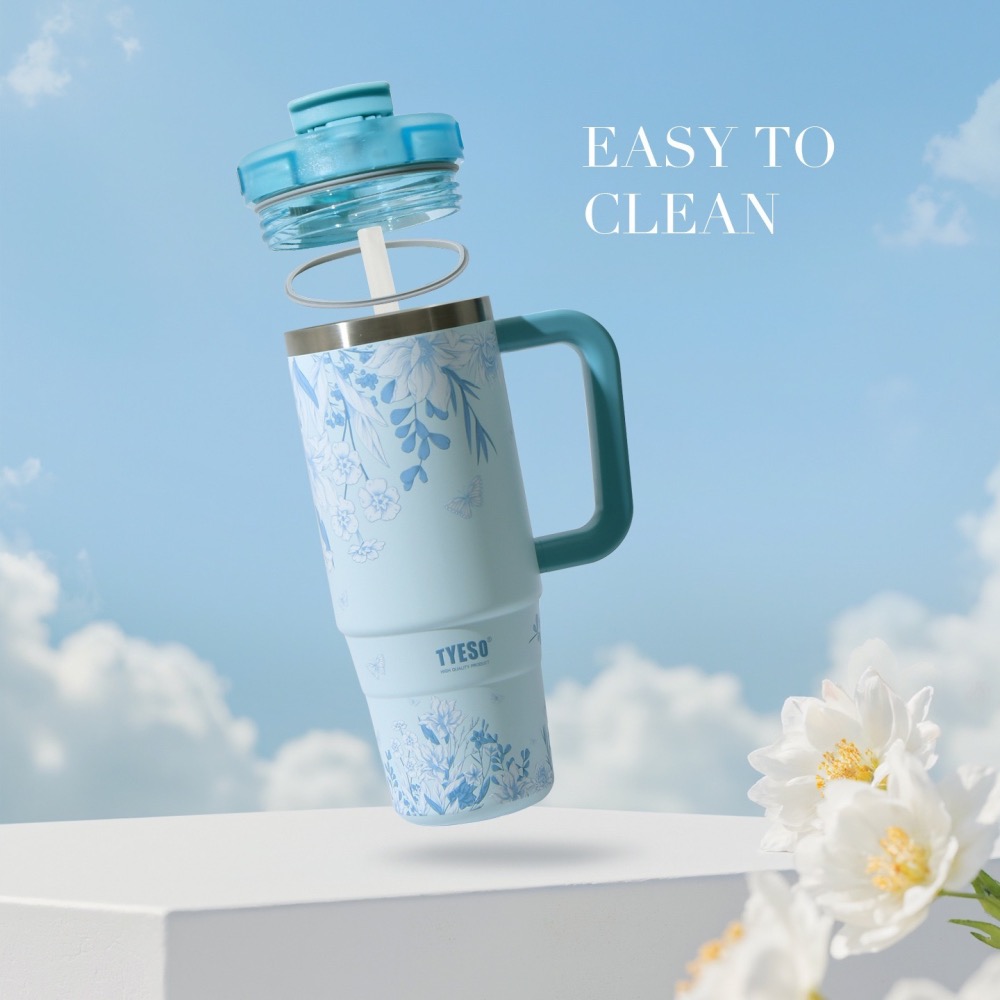 新款速發 TYESO花卉系列手把冰霸杯 304不鏽鋼900ml手柄保溫杯 旋轉杯蓋雙飲吸管保溫杯 車載咖啡杯-細節圖2