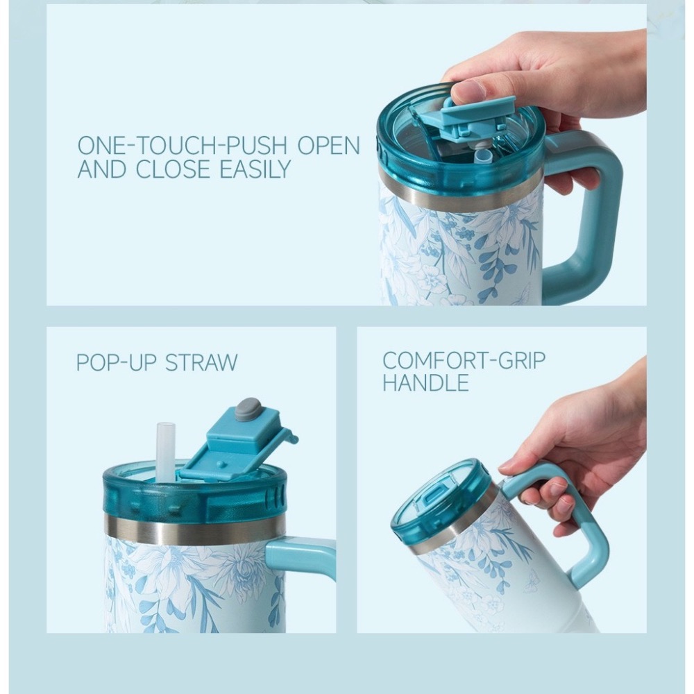 新款速發 TYESO花卉系列手把冰霸杯 304不鏽鋼900ml手柄保溫杯 旋轉杯蓋雙飲吸管保溫杯 車載咖啡杯-細節圖5