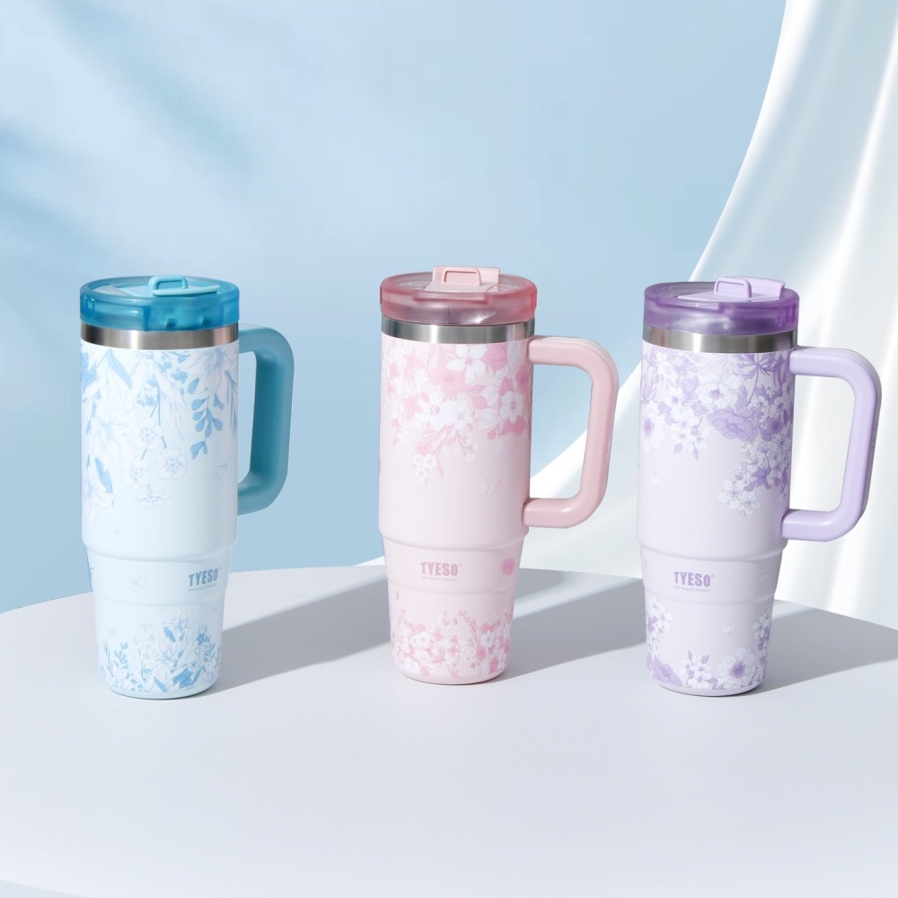 新款速發 TYESO花卉系列手把冰霸杯 304不鏽鋼900ml手柄保溫杯 旋轉杯蓋雙飲吸管保溫杯 車載咖啡杯-細節圖6