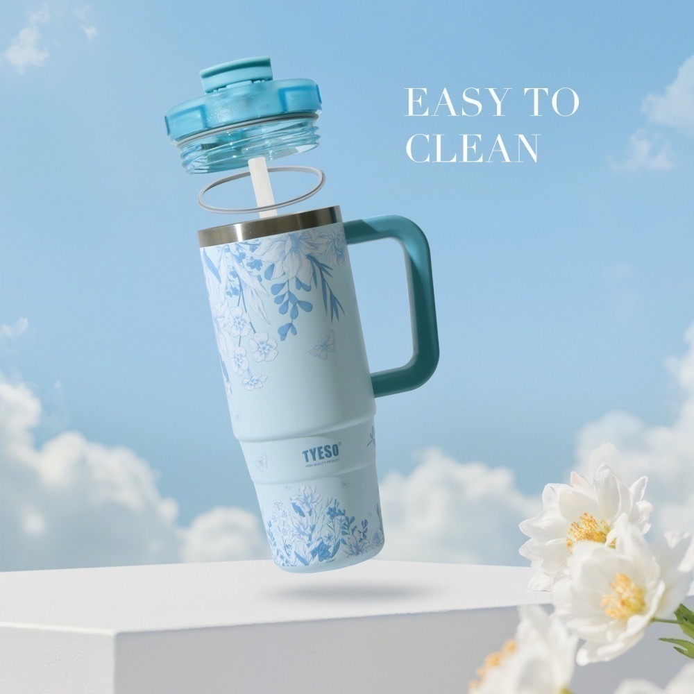 【限時購】 TYESO花卉系列手把冰霸杯 304不鏽鋼900ml手柄保溫杯 旋轉杯蓋雙飲吸管環保保溫杯 車載隨行咖啡杯-細節圖3