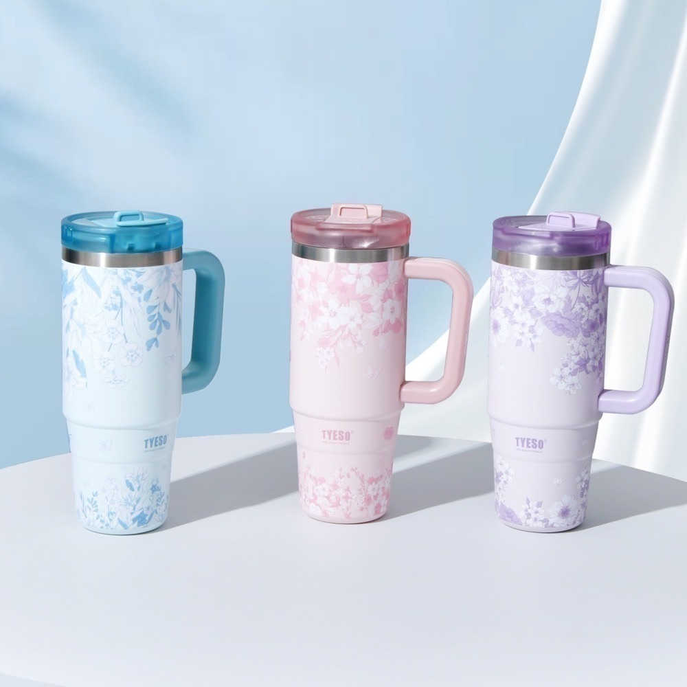 【限時購】 TYESO花卉系列手把冰霸杯 304不鏽鋼900ml手柄保溫杯 旋轉杯蓋雙飲吸管環保保溫杯 車載隨行咖啡杯-細節圖4