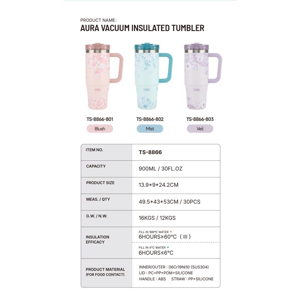 【限時購】 TYESO花卉系列手把冰霸杯 304不鏽鋼900ml手柄保溫杯 旋轉杯蓋雙飲吸管環保保溫杯 車載隨行咖啡杯-細節圖8