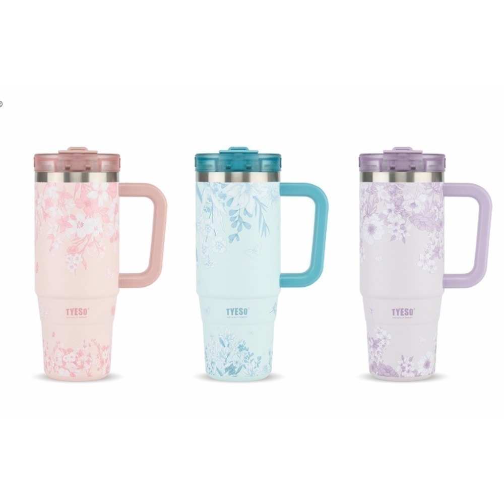 【限時購】 TYESO花卉系列手把冰霸杯 304不鏽鋼900ml手柄保溫杯 旋轉杯蓋雙飲吸管環保保溫杯 車載隨行咖啡杯-細節圖9