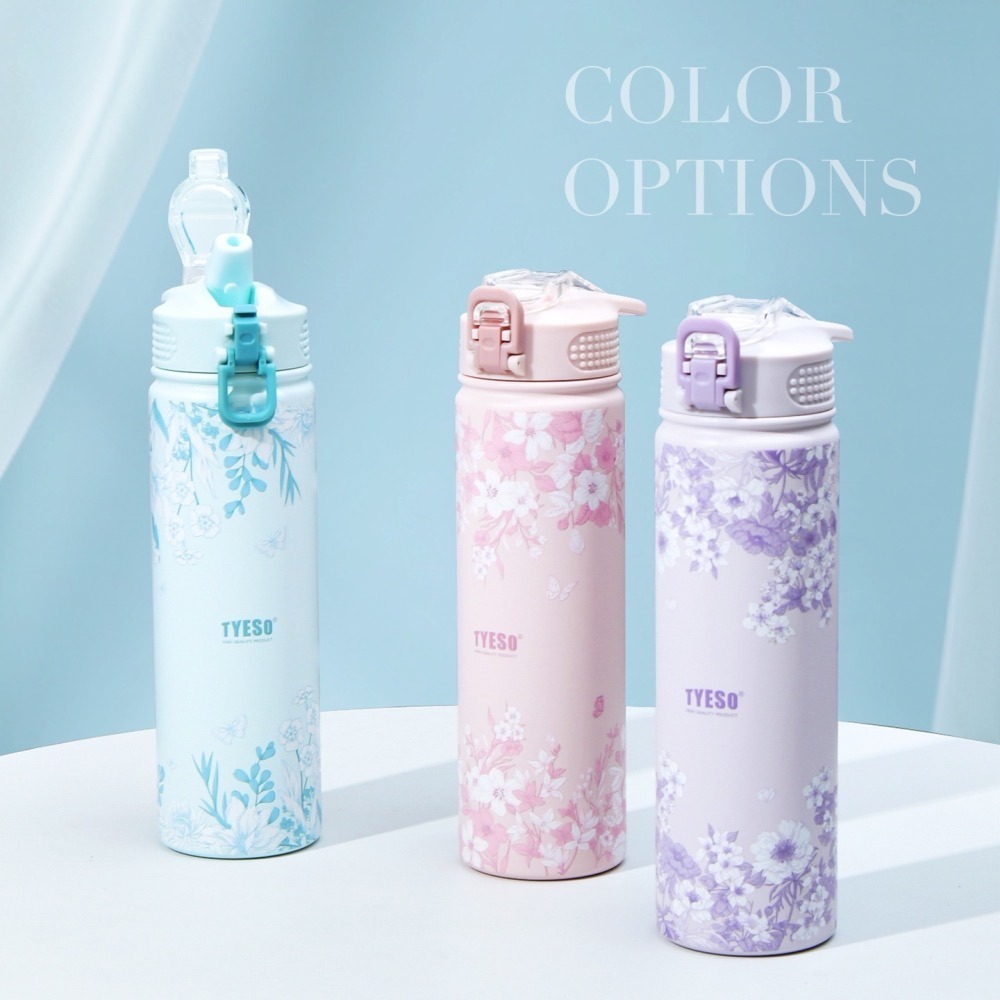 新款現貨 TYESO花卉系列304不鏽鋼帶吸管保溫杯 750ml戶外運動手提登山保溫壺 環保隨行咖啡杯 一鍵彈蓋車載杯-細節圖2