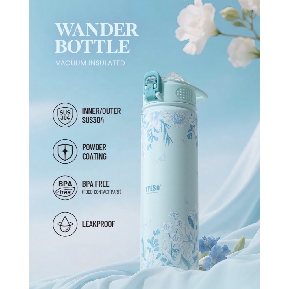新款現貨 TYESO花卉系列304不鏽鋼帶吸管保溫杯 750ml戶外運動手提登山保溫壺 環保隨行咖啡杯 一鍵彈蓋車載杯-細節圖7