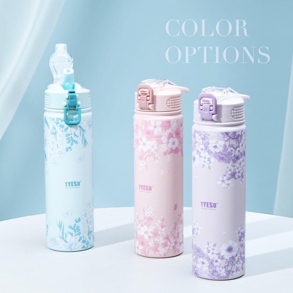 【限時購】 TYESO花卉系列304不鏽鋼吸管保溫杯 750ml戶外運動手提登山保溫壺 環保隨行咖啡杯 一鍵彈蓋車載杯-細節圖2