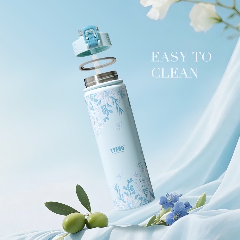 【限時購】 TYESO花卉系列304不鏽鋼吸管保溫杯 750ml戶外運動手提登山保溫壺 環保隨行咖啡杯 一鍵彈蓋車載杯-細節圖3