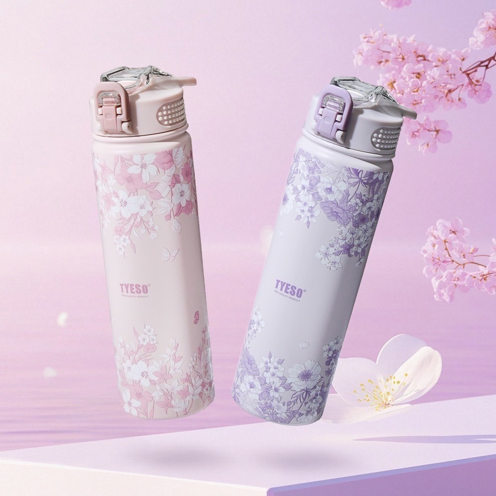 【限時購】 TYESO花卉系列304不鏽鋼吸管保溫杯 750ml戶外運動手提登山保溫壺 環保隨行咖啡杯 一鍵彈蓋車載杯-細節圖4