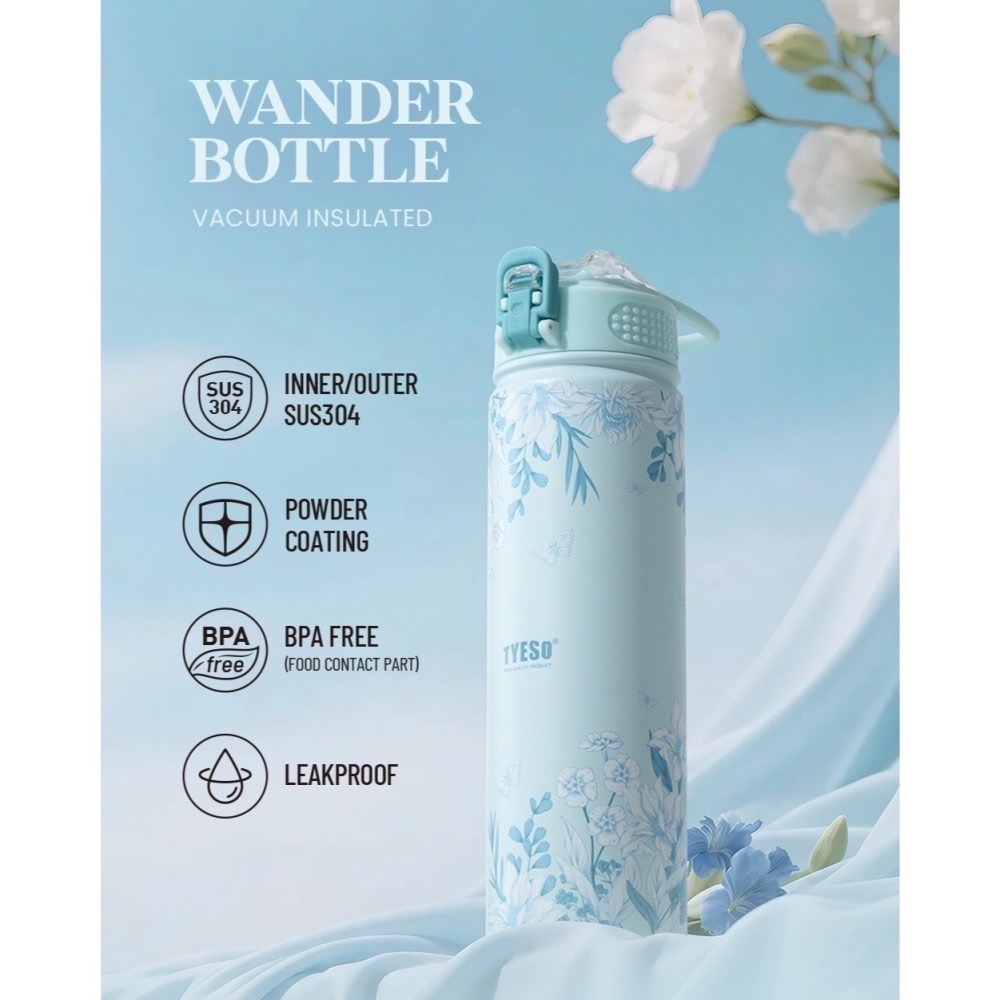 【限時購】 TYESO花卉系列304不鏽鋼吸管保溫杯 750ml戶外運動手提登山保溫壺 環保隨行咖啡杯 一鍵彈蓋車載杯-細節圖7