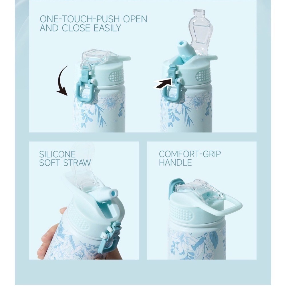 【限時購】 TYESO花卉系列304不鏽鋼吸管保溫杯 750ml戶外運動手提登山保溫壺 環保隨行咖啡杯 一鍵彈蓋車載杯-細節圖6