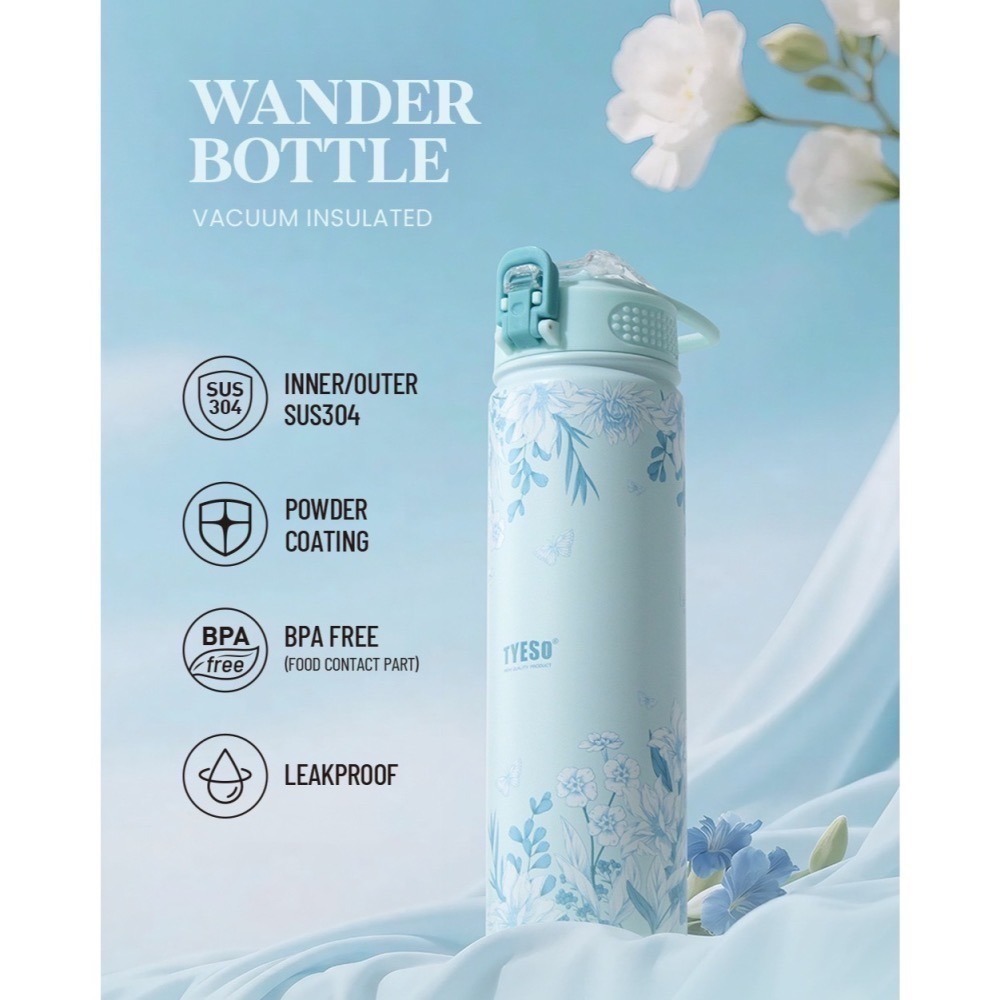 【限時購】 TYESO花卉系列304不鏽鋼吸管保溫杯 750ml戶外運動手提登山保溫壺 環保隨行咖啡杯 一鍵彈蓋車載杯-細節圖7