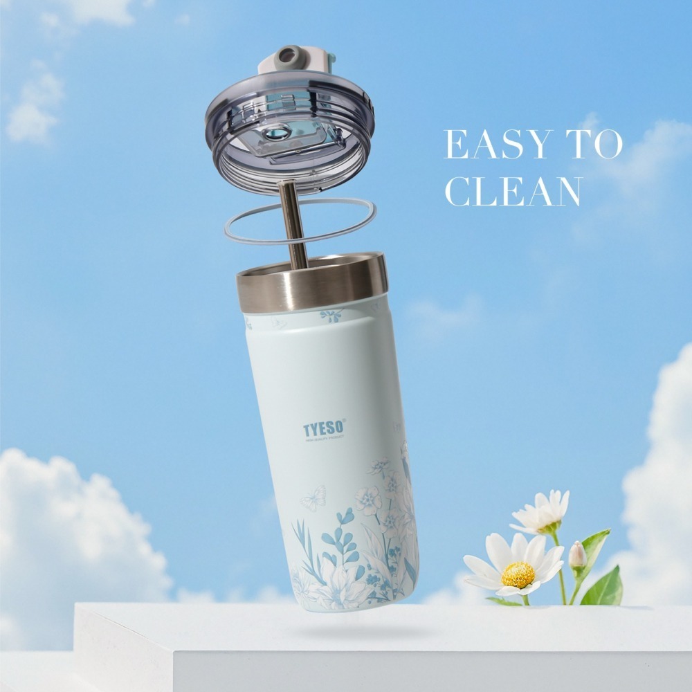TYESO花卉系列簡約隨手咖啡杯 304不鏽鋼710ml雙層運動保溫杯 雙飲冰霸杯 不鏽鋼環保隨行咖啡杯 隱藏吸管車載杯-細節圖2