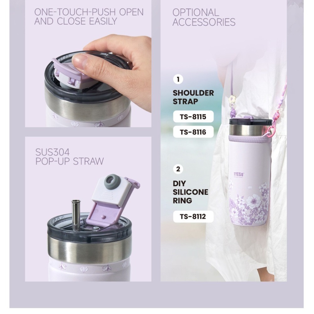 TYESO花卉系列簡約隨手咖啡杯 304不鏽鋼710ml雙層運動保溫杯 雙飲冰霸杯 不鏽鋼環保隨行咖啡杯 隱藏吸管車載杯-細節圖7