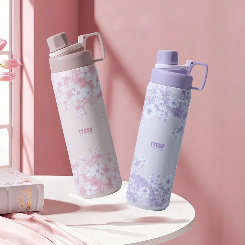 TYESO花卉系列保溫杯 304不鏽鋼900ml大容量運動保溫杯 防漏旋轉杯蓋附提手不鏽鋼運動水壺 印花圖案隨行車載杯-細節圖2