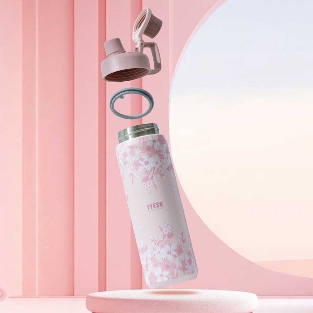 【限時購】TYESO花卉系列保溫杯 304不鏽鋼900ml大容量運動保溫杯 防漏旋轉杯蓋提手不鏽鋼運動水壺 隨行車載杯-細節圖3