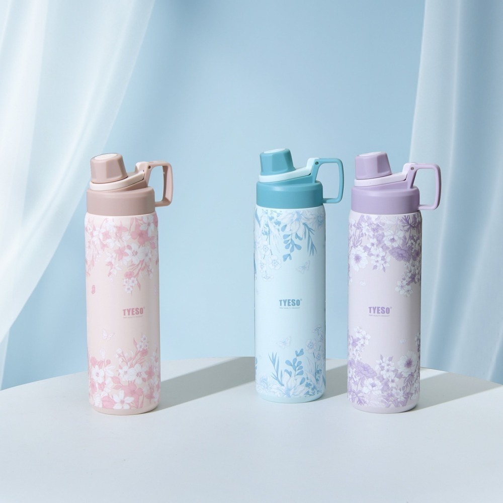 【限時購】TYESO花卉系列保溫杯 304不鏽鋼900ml大容量運動保溫杯 防漏旋轉杯蓋提手不鏽鋼運動水壺 隨行車載杯-細節圖4