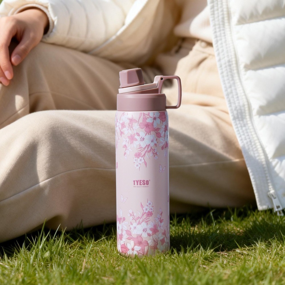 【限時購】TYESO花卉系列保溫杯 304不鏽鋼900ml大容量運動保溫杯 防漏旋轉杯蓋提手不鏽鋼運動水壺 隨行車載杯-細節圖6