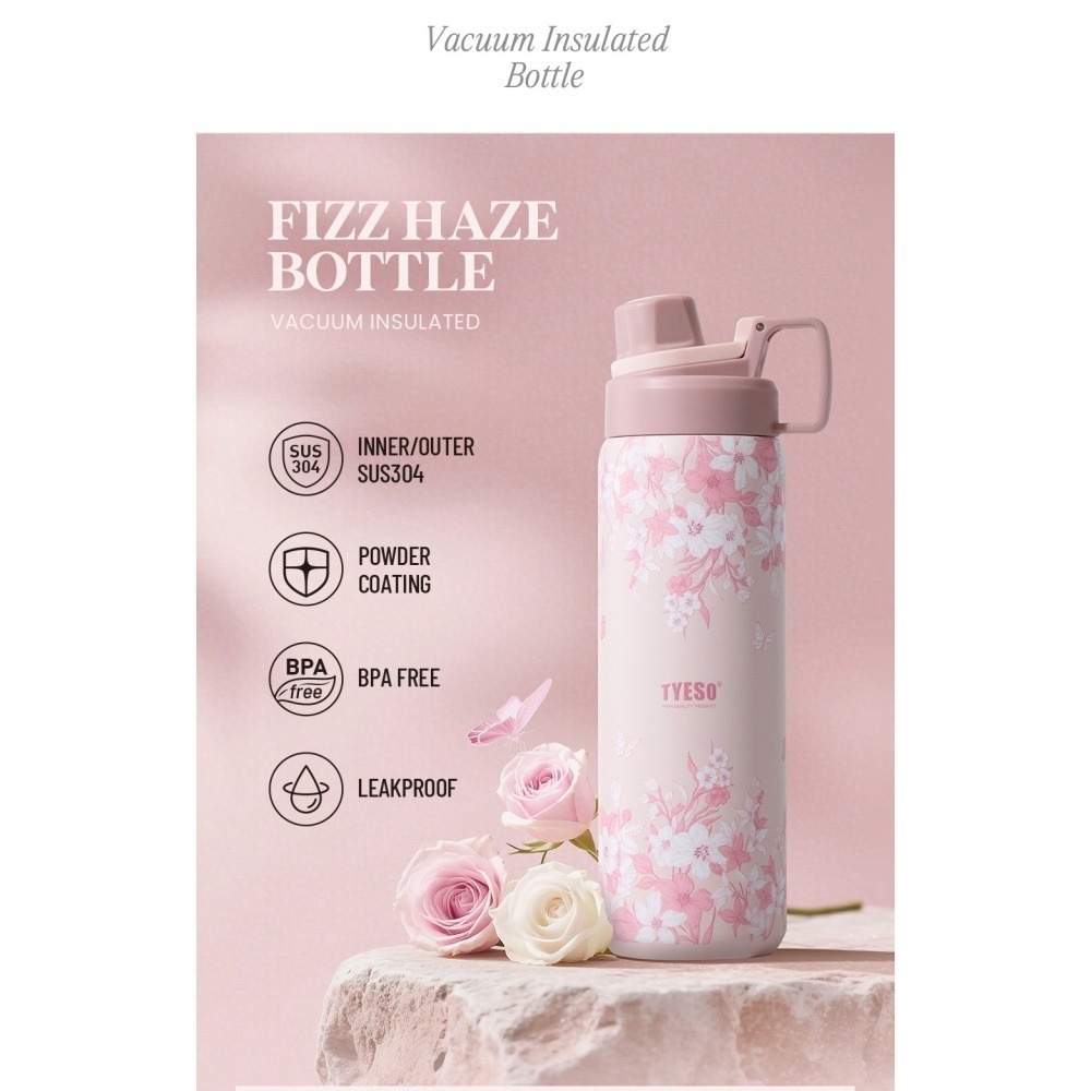【限時購】TYESO花卉系列保溫杯 304不鏽鋼900ml大容量運動保溫杯 防漏旋轉杯蓋提手不鏽鋼運動水壺 隨行車載杯-細節圖7