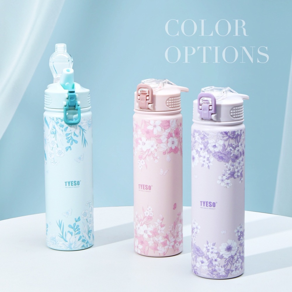 新款速發 TYESO花卉系列保溫杯 提手雙飲冰霸杯 彈蓋吸管保溫杯 手把奶茶杯 環保隨行保溫運動水壺 保溫保冷車載咖啡杯-細節圖5