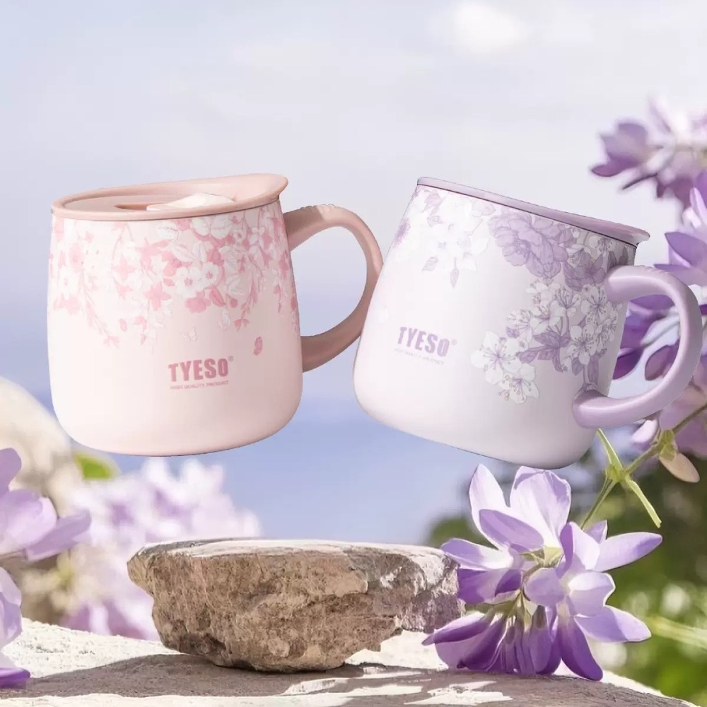 TYESO花卉系列304陶瓷塗層不鏽鋼咖啡杯 355ml不鏽鋼保溫大肚馬克杯 露營馬克杯泡茶杯 環保杯牛奶杯 磨砂保溫杯-細節圖2