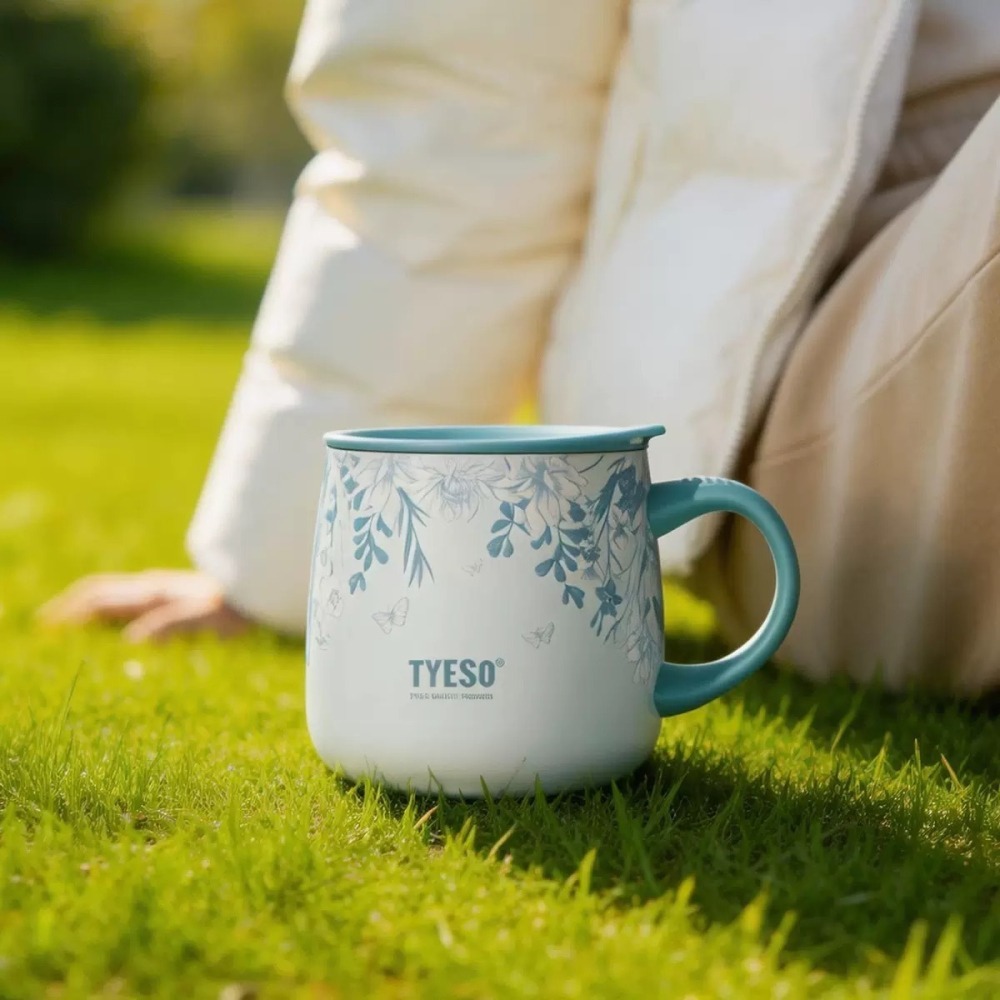 TYESO花卉系列304陶瓷塗層不鏽鋼咖啡杯 355ml不鏽鋼保溫大肚馬克杯 露營馬克杯泡茶杯 環保杯牛奶杯 磨砂保溫杯-細節圖3