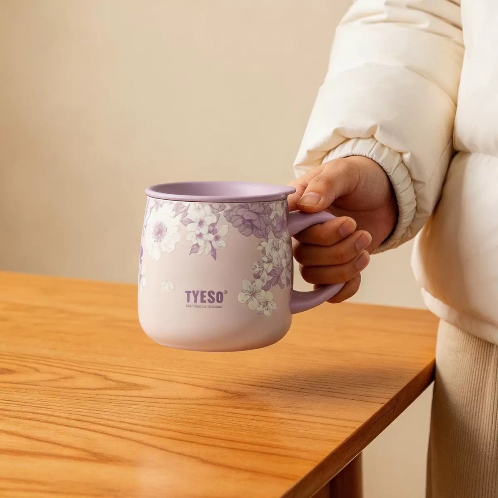 TYESO花卉系列304陶瓷塗層不鏽鋼咖啡杯 355ml不鏽鋼保溫大肚馬克杯 露營馬克杯泡茶杯 環保杯牛奶杯 磨砂保溫杯-細節圖4