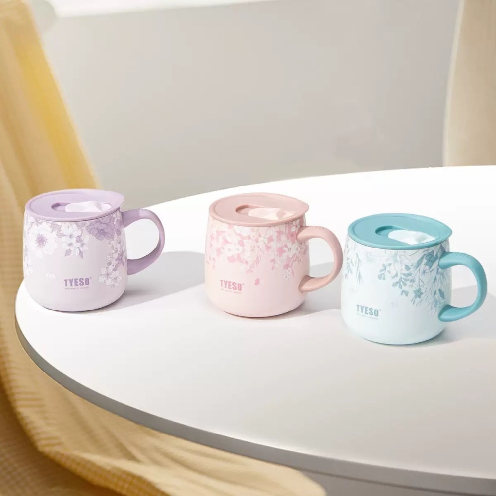 TYESO花卉系列304陶瓷塗層不鏽鋼咖啡杯 355ml不鏽鋼保溫大肚馬克杯 露營馬克杯泡茶杯 環保杯牛奶杯 磨砂保溫杯-細節圖5