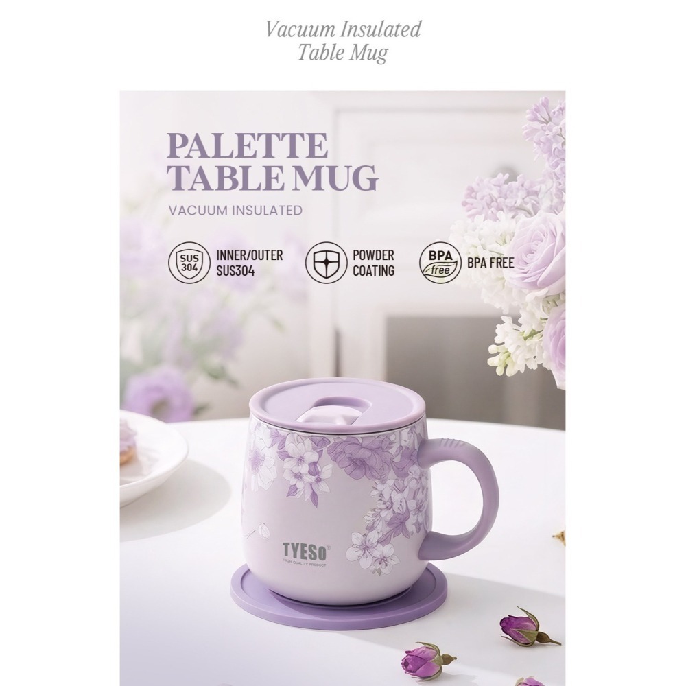 TYESO花卉系列304陶瓷塗層不鏽鋼咖啡杯 355ml不鏽鋼保溫大肚馬克杯 露營馬克杯泡茶杯 環保杯牛奶杯 磨砂保溫杯-細節圖6