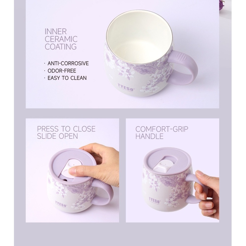 TYESO花卉系列304陶瓷塗層不鏽鋼咖啡杯 355ml不鏽鋼保溫大肚馬克杯 露營馬克杯泡茶杯 環保杯牛奶杯 磨砂保溫杯-細節圖7
