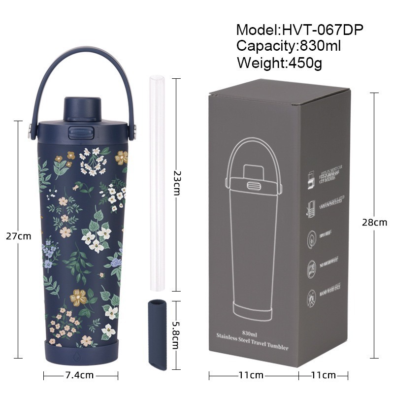 麥果 新款印花不鏽鋼內膽奶茶杯830ml不鏽鋼吸管杯可吸珍珠便攜彈跳保溫杯 手提休閒辦公保溫杯 戶外車載杯一鍵開蓋保溫杯-細節圖2