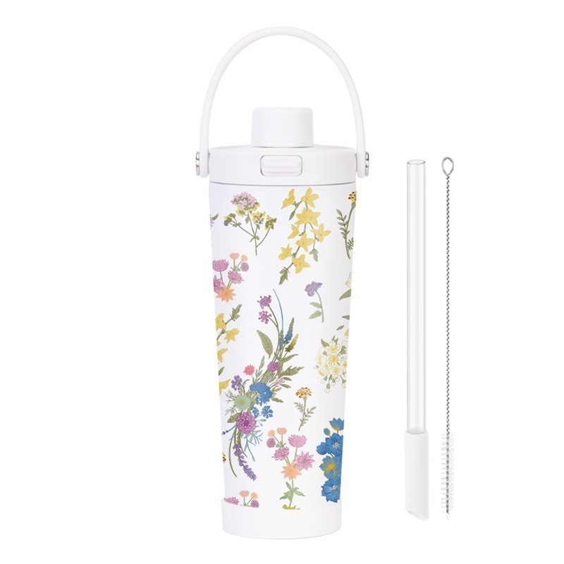 【限時購】麥果新款印花不鏽鋼內膽奶茶杯 830ml不鏽鋼吸管杯可吸珍珠便攜彈跳保溫杯 手提環保保溫車載杯一鍵開蓋保溫杯-規格圖9