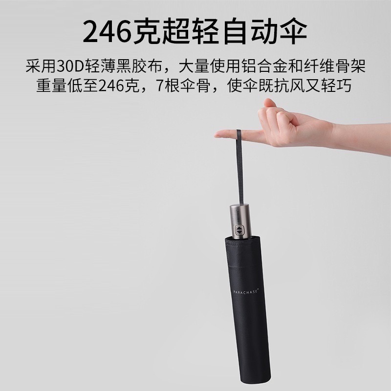 PARACHASE 輕收型加大超輕自動傘 7骨防風晴雨傘 兩用防紫外線太陽傘UPF50+ 30D超輕薄黑膠布 牢固輕盈-細節圖3