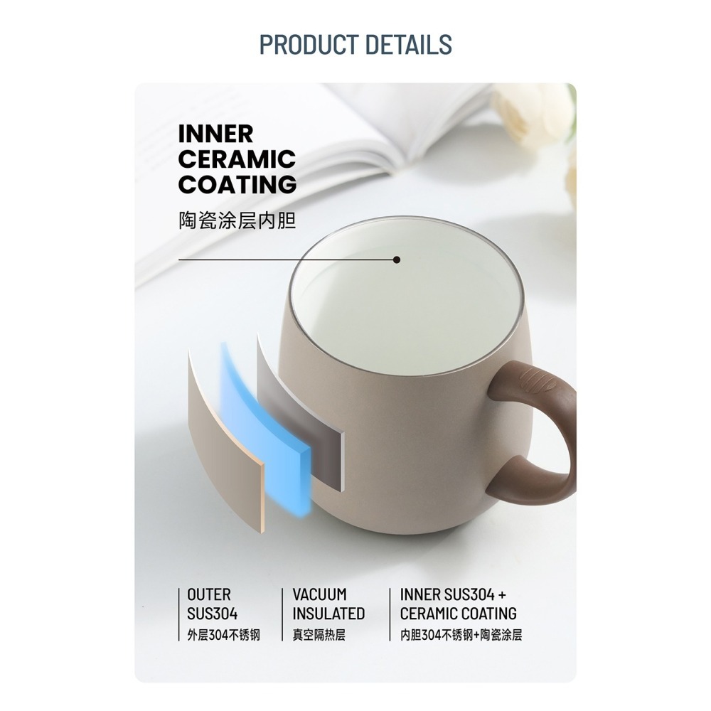 TYESO 新品 泰碩大肚馬克杯陶瓷內膽355ml 304不鏽鋼保溫杯高顏值陶瓷涂層內膽咖啡杯 帶蓋高顏值茶杯咖啡杯-細節圖7