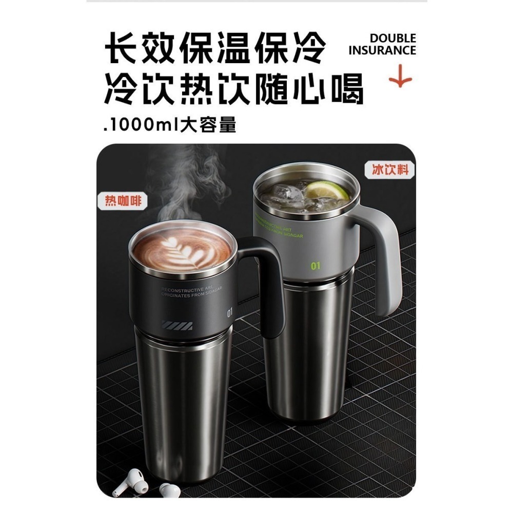 【限時購】一鍵速開保溫杯1000ml大容量手柄車載冰霸杯 304不鏽鋼/陶瓷涂層內膽 手把保溫杯 保溫大象杯 環保咖啡杯-細節圖8