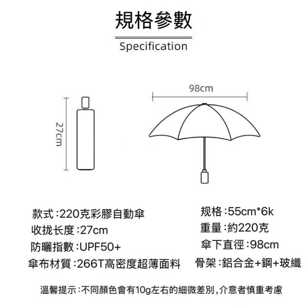 PARACHASE彩膠230克超輕自動傘 UPF50+防紫外線太陽傘 便攜晴雨兩用傘 超輕材質 全自動開關-細節圖6