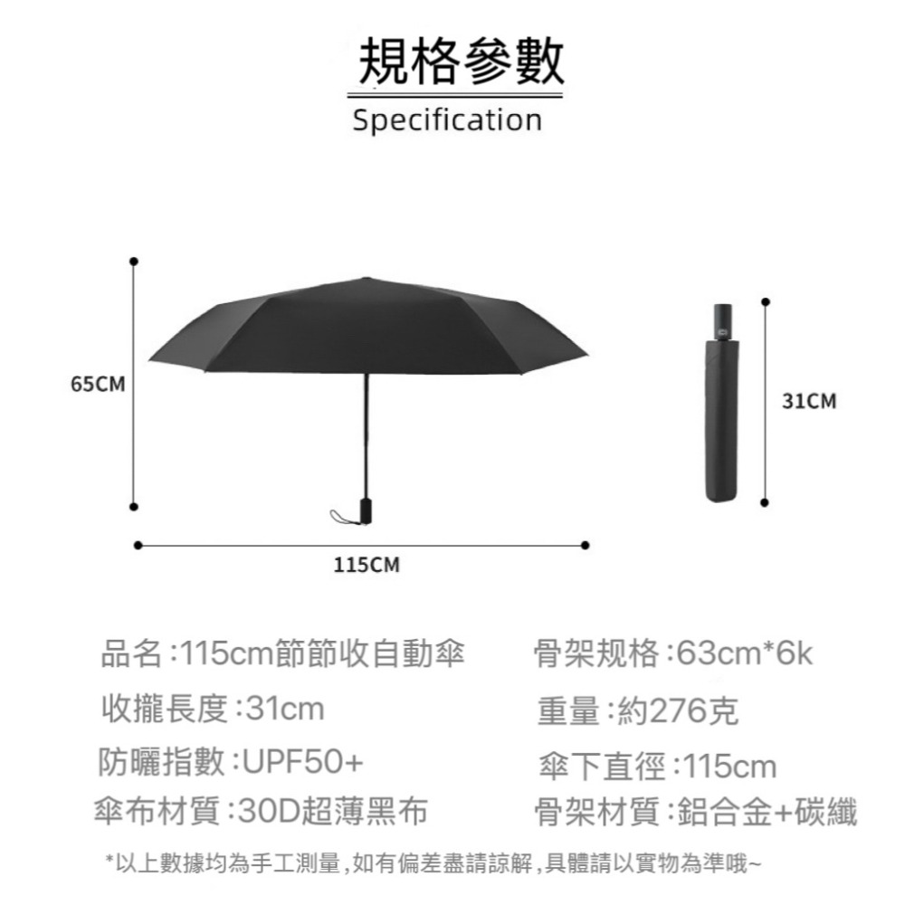115cm超輕安全式防回彈自動傘 簡約黑膠防紫外線太陽傘 超大晴雨傘兩用UPF50+ 日式簡約自動防曬傘-細節圖7