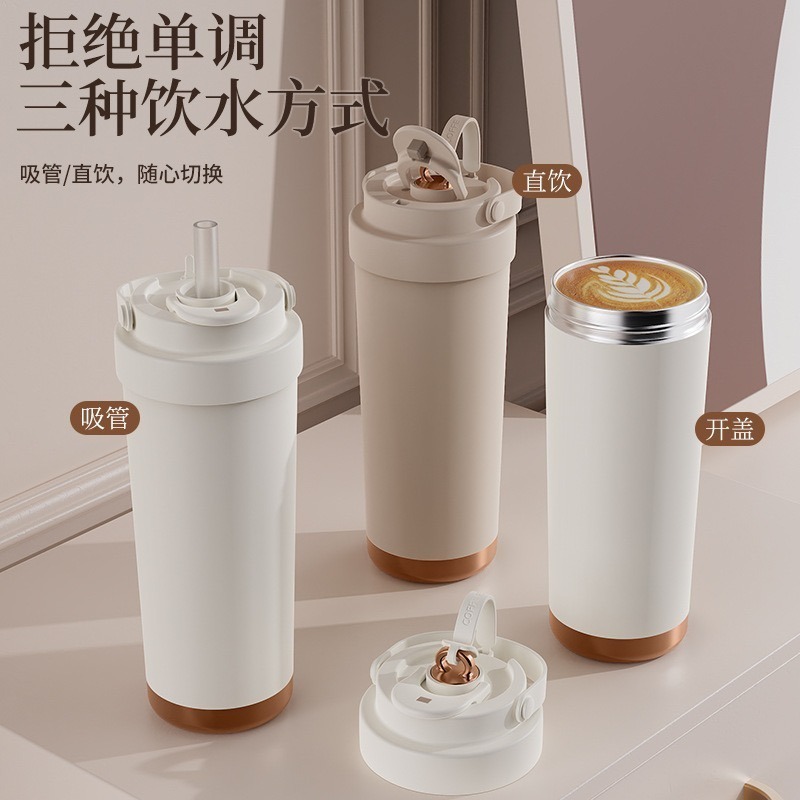 【限時購】三飲式陶瓷內膽保溫杯 500ml/750ml不鏽鋼咖啡杯 手提陶瓷塗層環保隨行杯 附吸管保溫咖啡杯 車載杯-細節圖4