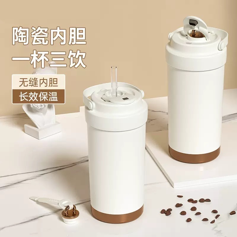 【限時購】三飲式陶瓷內膽保溫杯 500ml/750ml不鏽鋼咖啡杯 手提陶瓷塗層環保隨行杯 附吸管保溫咖啡杯 車載杯-細節圖10